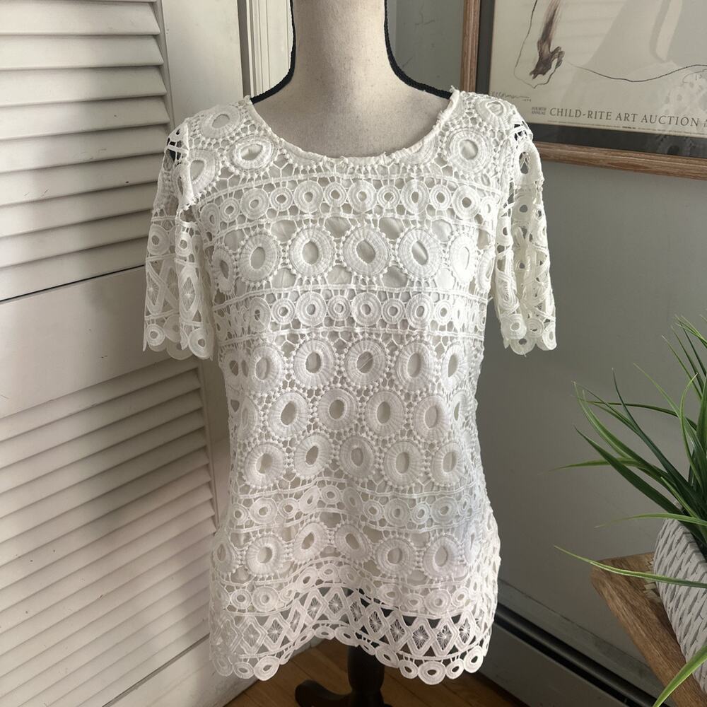 Jade Melody Tam Top Womens Large White Crochet Lace Tunic Dainty Feminine Boho